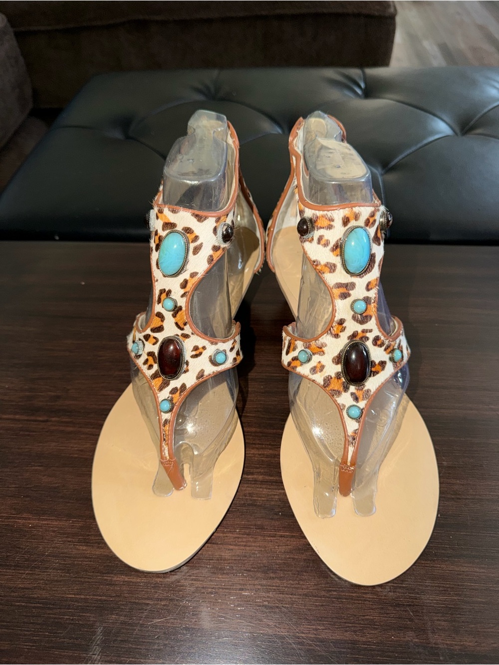 Leopard Print T-Strap Sandals with Turquoise Accents - Women